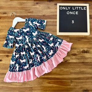 Only Little Once Unicorn Puppy Reversible Twirl Dress 3 Blue Pink Cream Knit